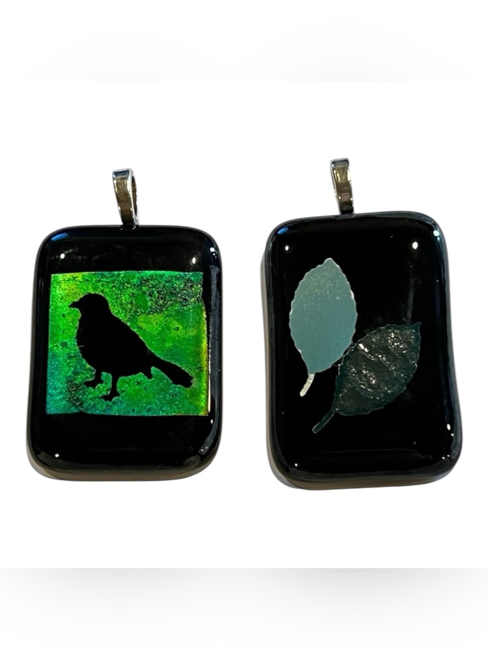 5/$20 Artisan Handmade Fused Glass Pendants — Bird Silhouette & Pressed Leaf